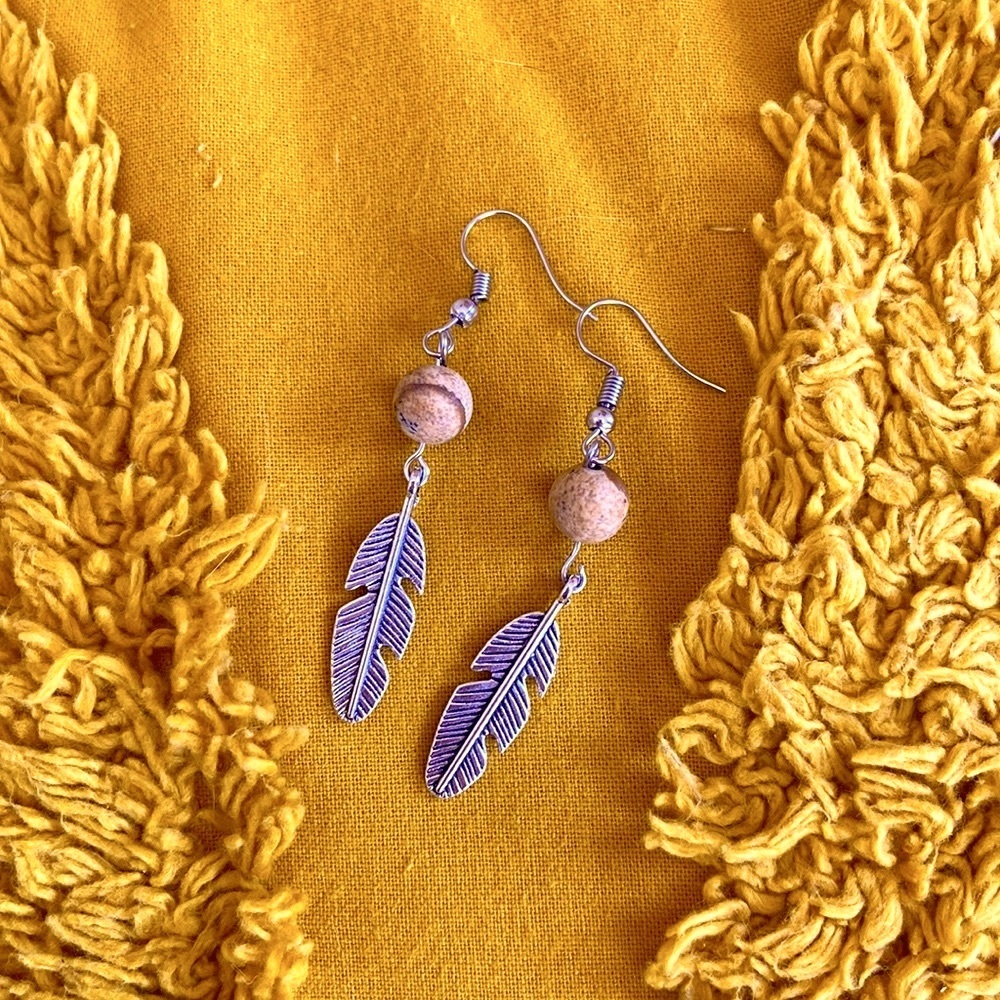 New! Handmade Earth Stone Feather Earrings